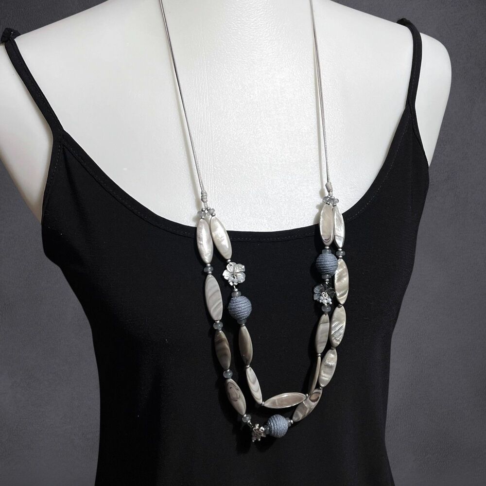 Long Gray Blue Necklace Oval Mother of Pearl Beads Carved Flower Layered Cord